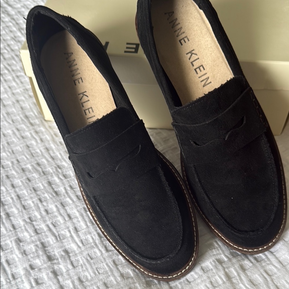 Anne Klein Women's Black Penny Loafers - faux suede